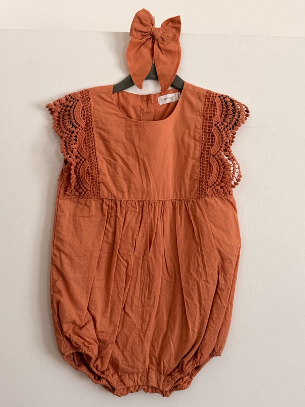 Jamie Kay Romper + Matching Bow | 3Y | Rust | Organic Cotton | Lace Detail